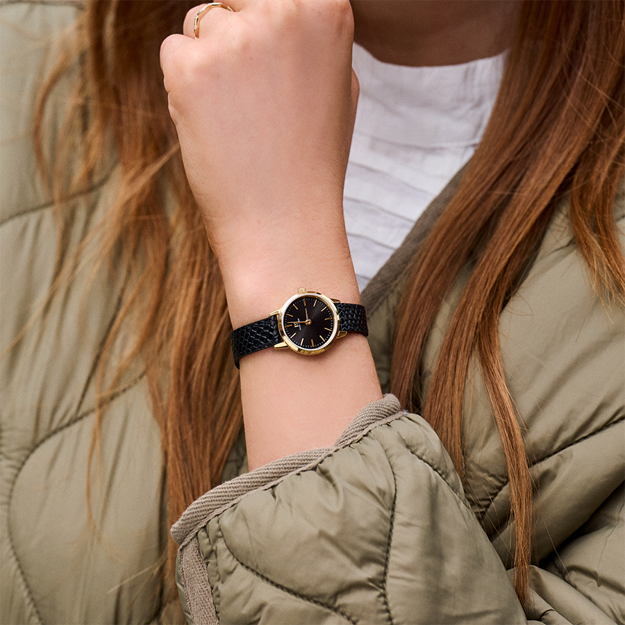 Akilia Mini Link Gold Black women's watch leather strap